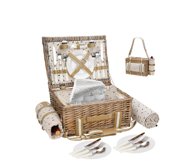 Cesta de picnic de mimbre grande con 31 piezas para 4 personas