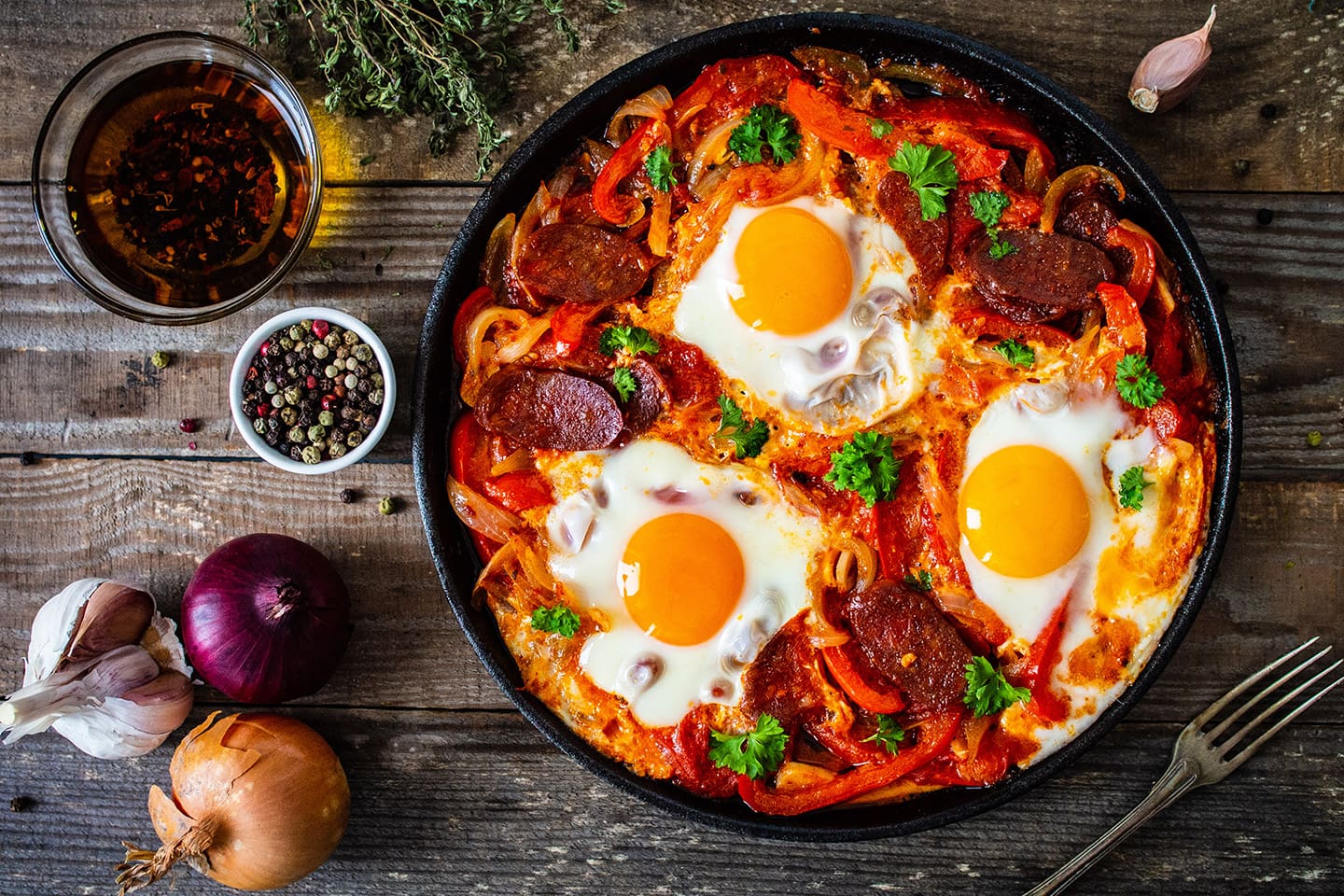 Consiste en huevos cocidos directamente en una salsa de tomate.