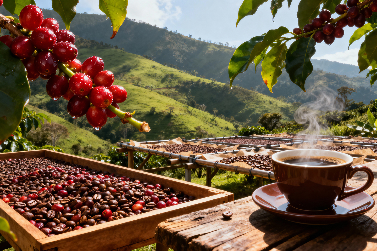 Colombia’s Coffee Triangle with ripe arabica cherries, scenic Suelen desarrollarse perfiles más complejos en el café.